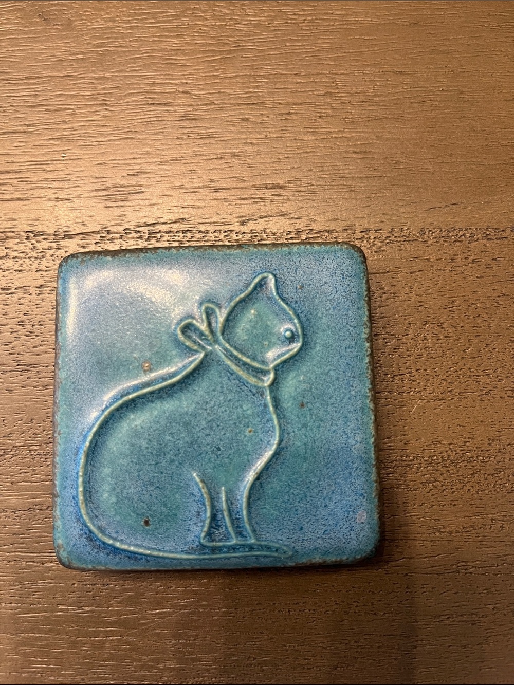 Pewabic Tile Detroit pottery Blue Ceramic embossed Cat 3”